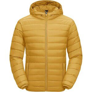 Men's Yellow Hooded Water-Resistant Outerwear Warm Quilted Puffer Jacket